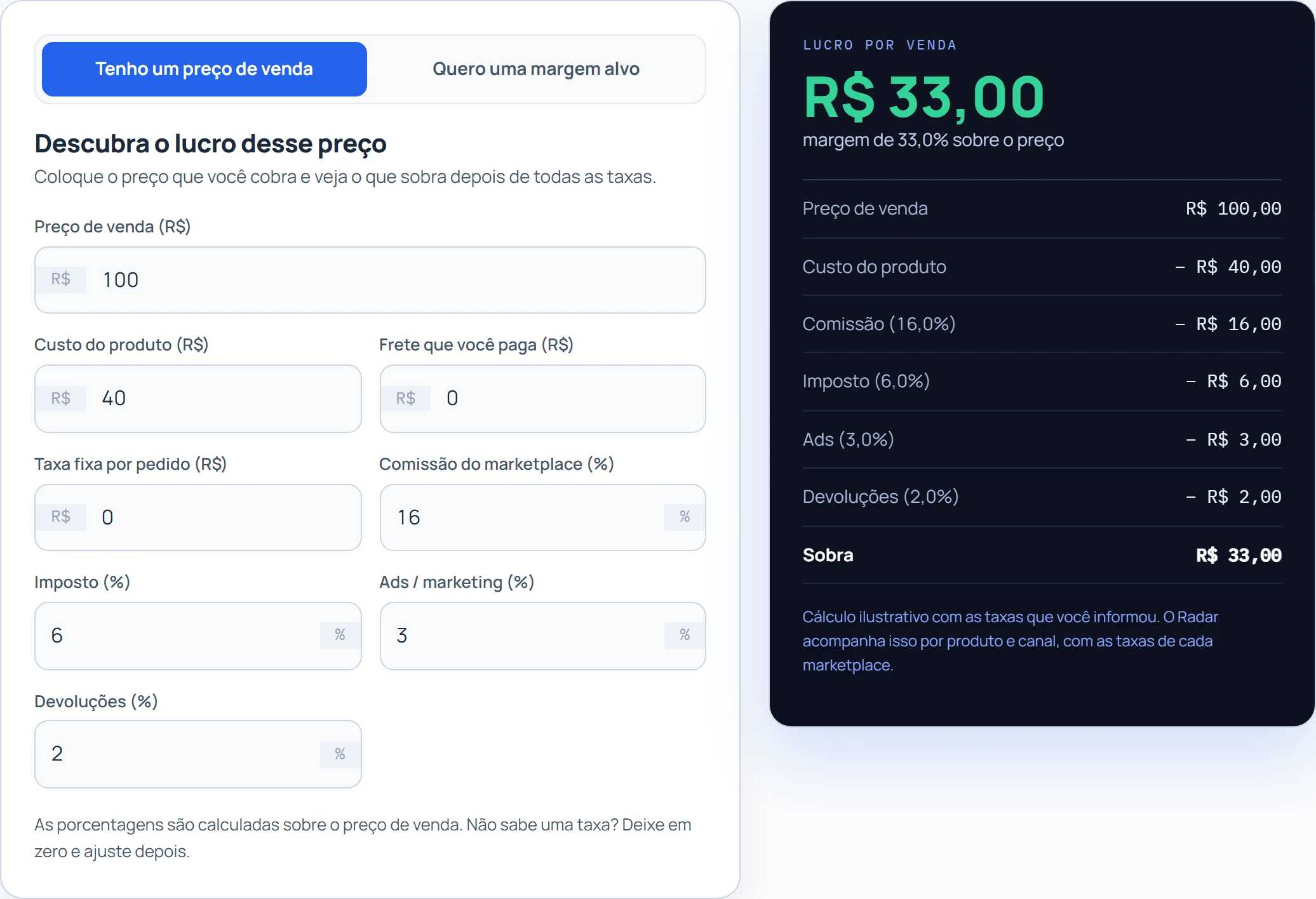 Print da calculadora grátis. A completa é esta mesma tela, sem o limite de 10 produtos salvos.