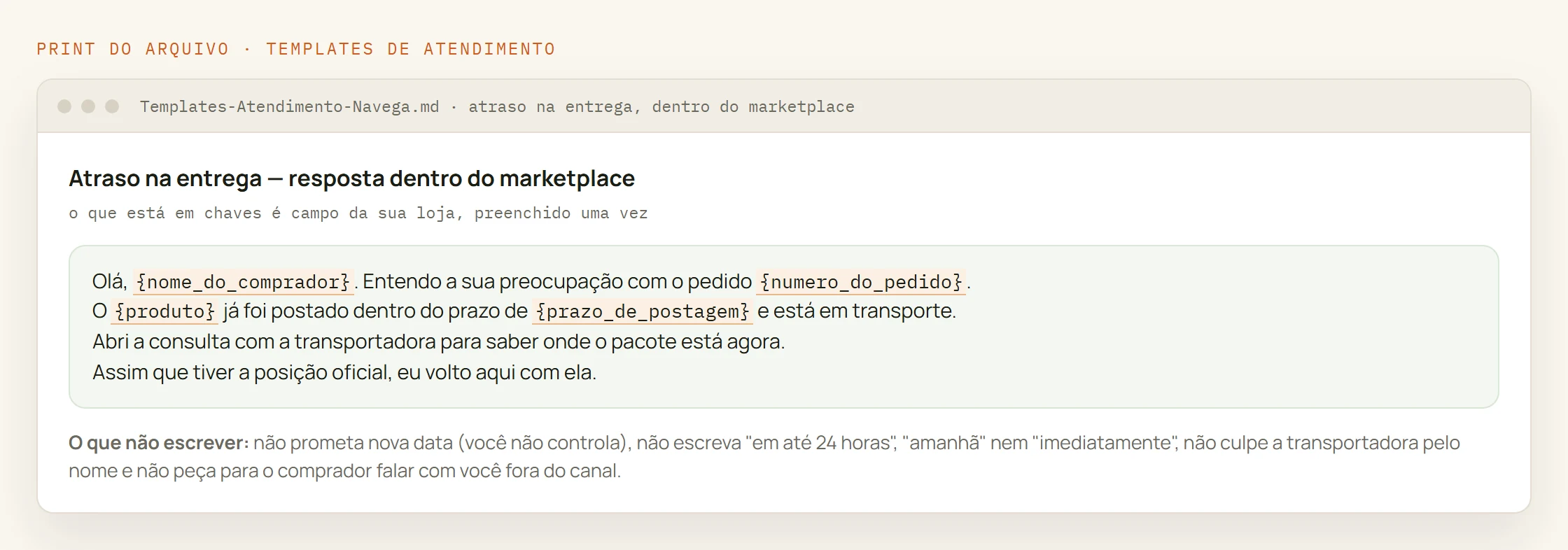 Print do arquivo: a resposta de atraso na entrega, do jeito que ela vem. O que está em chaves é campo da sua loja.