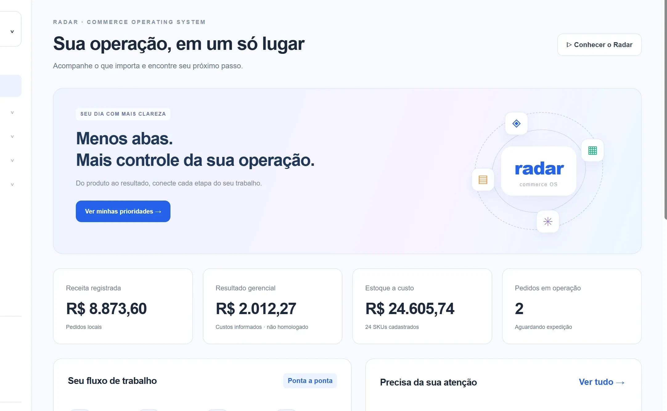 Tela real do Radar: sua operação, em um só lugar, com receita, resultado gerencial, estoque a custo e pedidos em operação