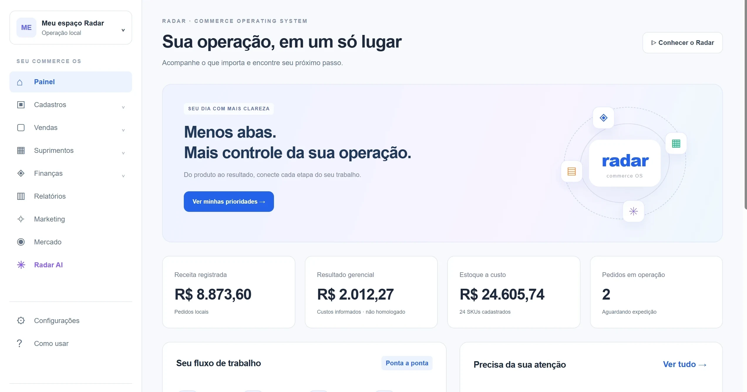 Painel do Radar com vendas, taxas e margem real por marketplace