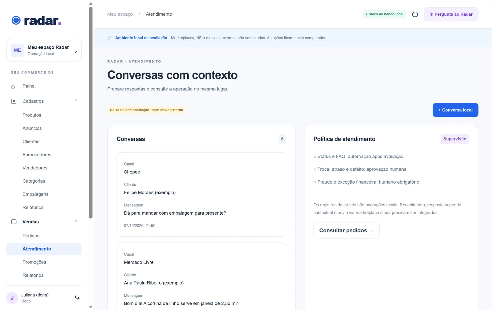 Radar: Conversas com o contexto do pedido