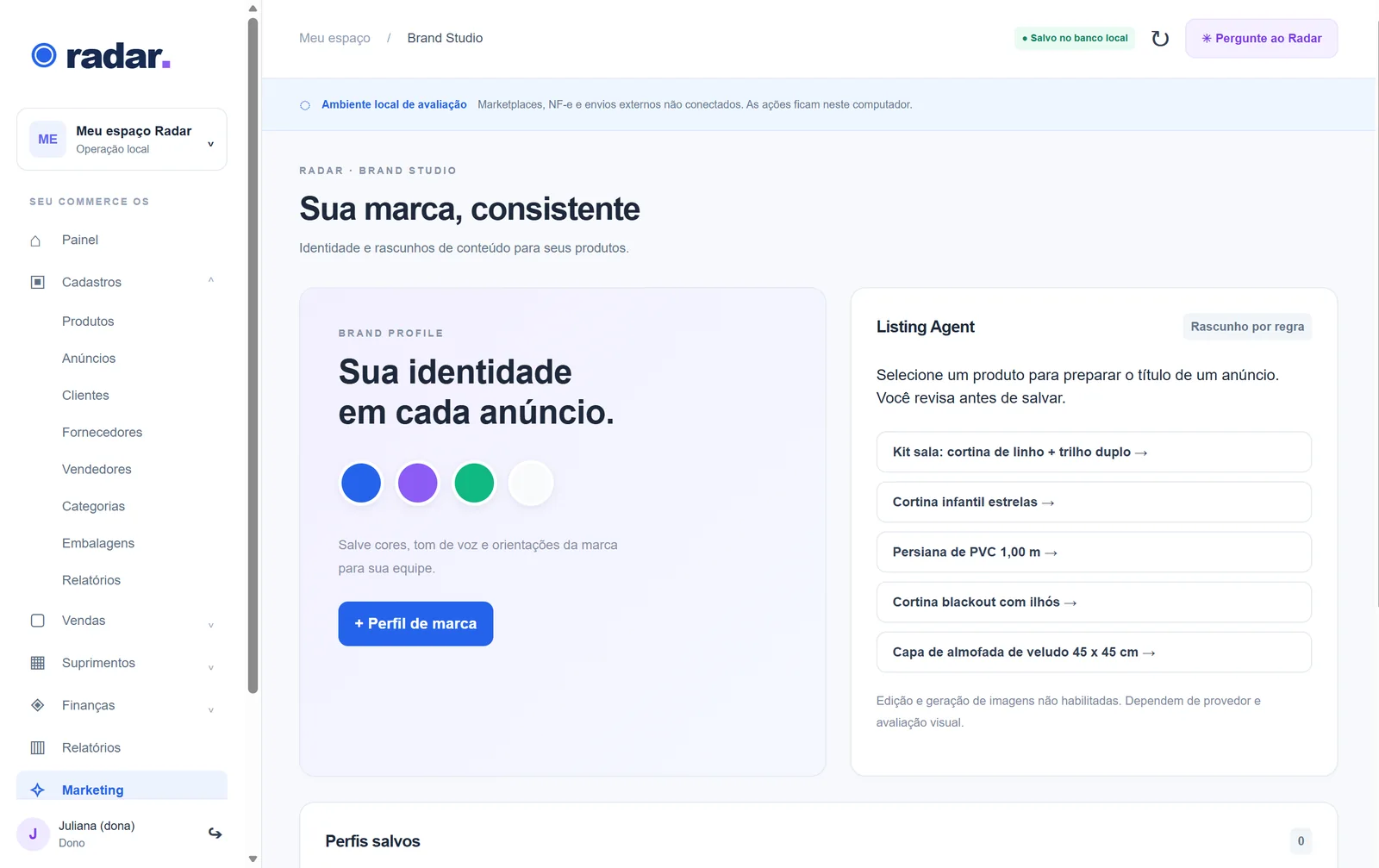 Radar, ambiente de testes: Brand Studio