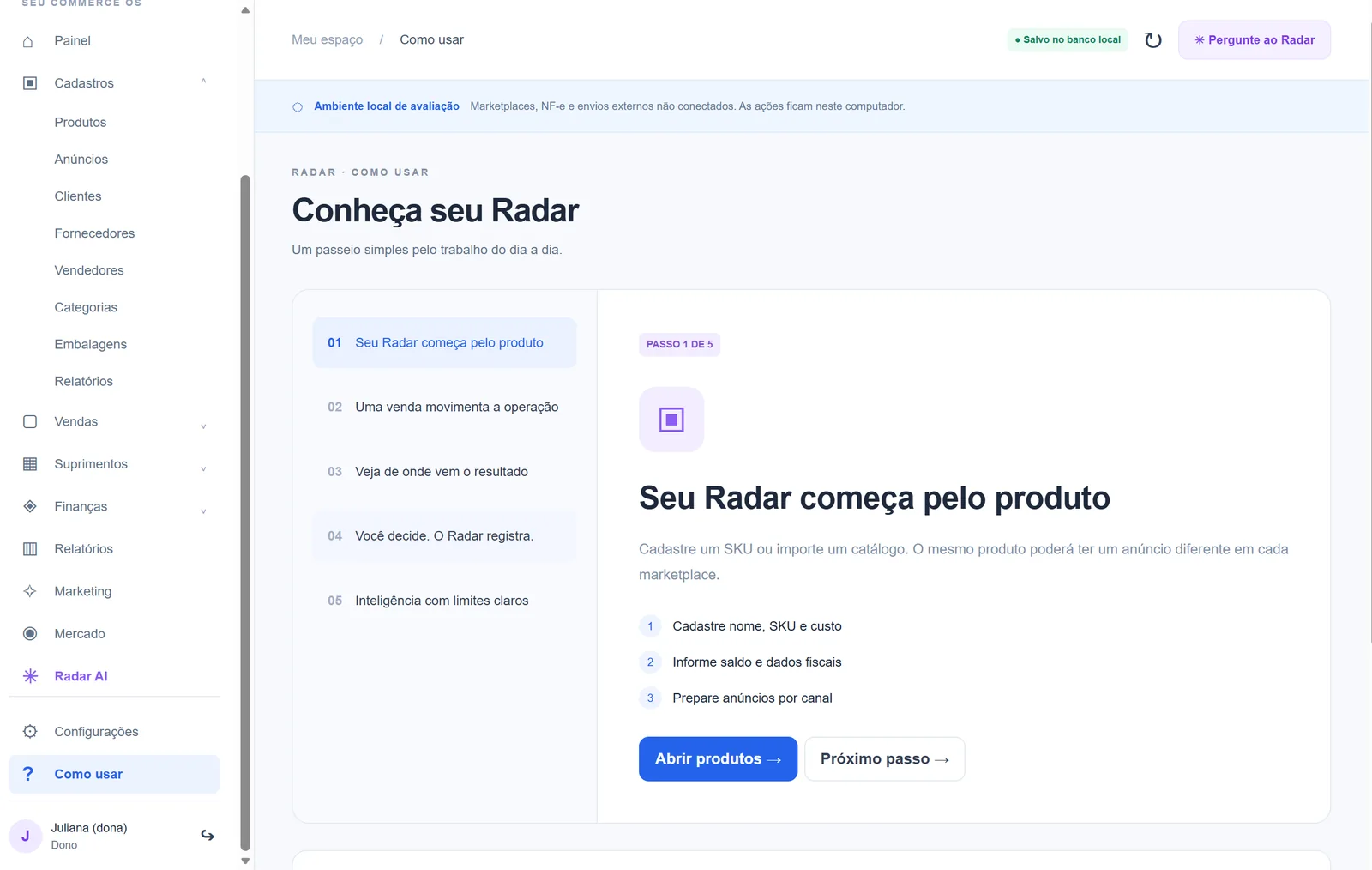 Radar, ambiente de testes: Como usar