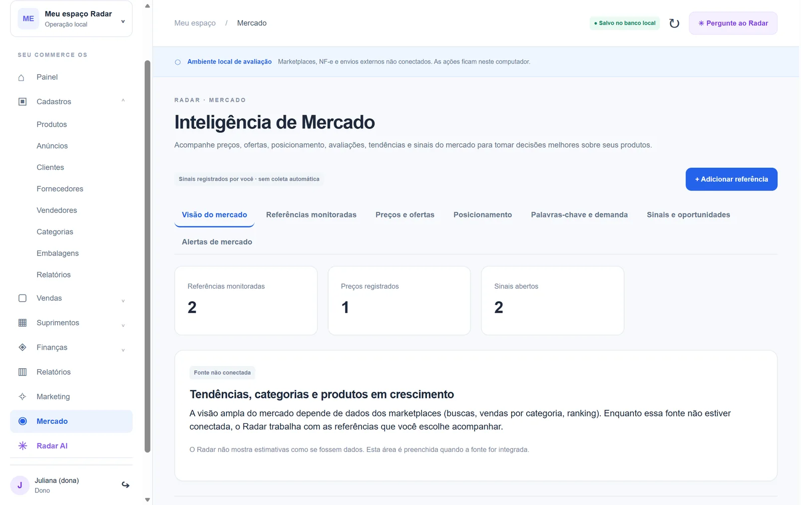 Radar, ambiente de testes: Inteligência de mercado