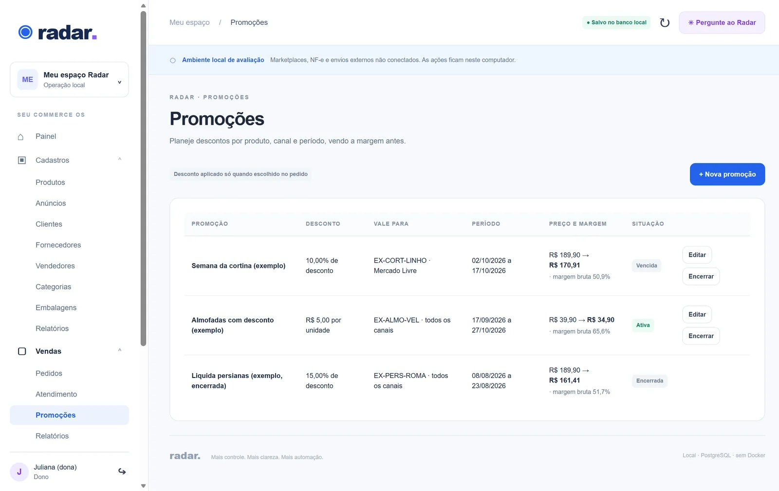Radar, ambiente de testes: Promoções com a margem na frente